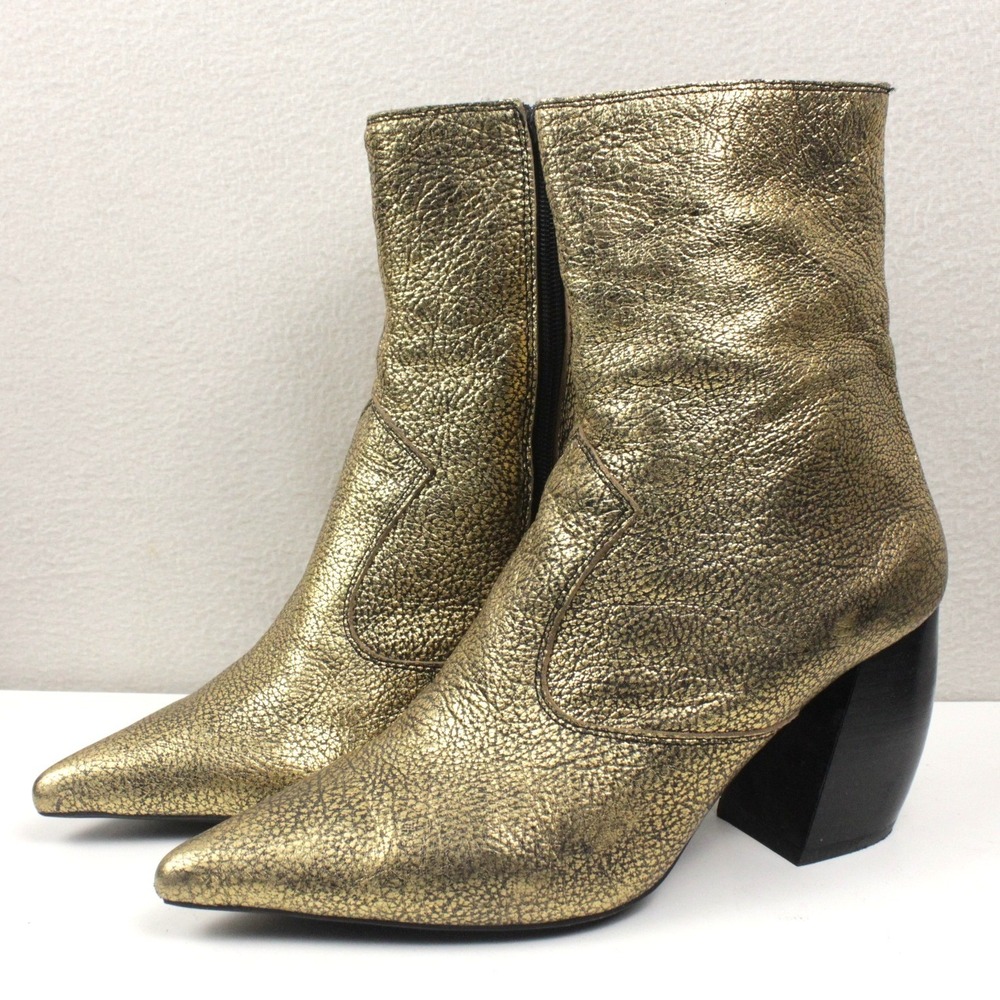 Jeffrey Campbell Gold Metallic Ankle Boots Women 8.5 Pointed Toe Y2K Glam
